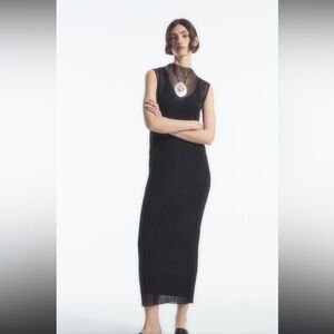 COS Pleated High Neck Maxi Black Sheer Dress Women's Size Small